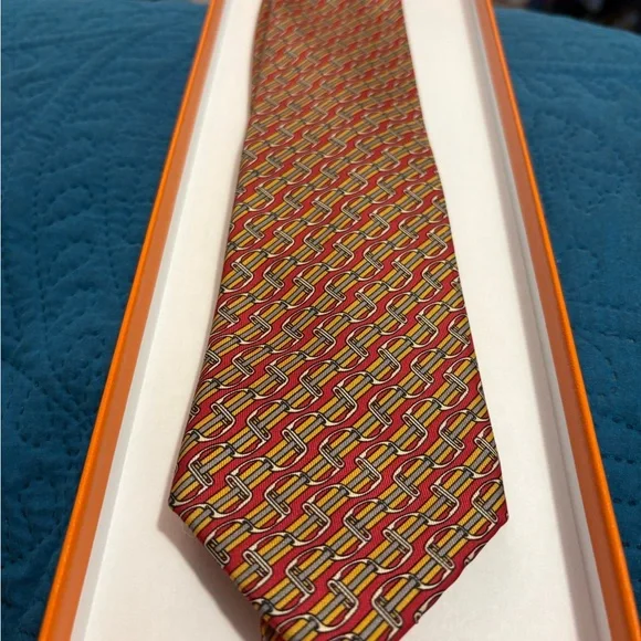 Hermes Red and Yellow Geometric Tie - Picture 11 of 16